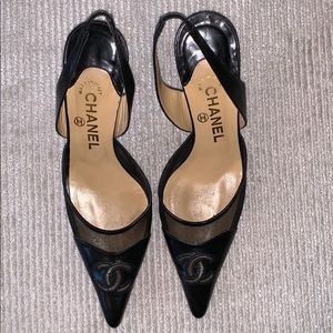 Chanel sling back black leather pumps